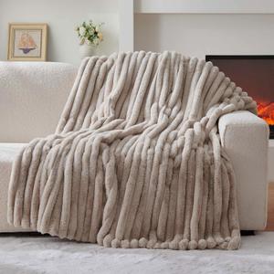 Lotus Karen Faux Fur Throw Blanket - Stripe Faux Rabbit Fur Blanket for Couch, Cozy Soft Fluffy Fuzzy Blanket, Warm Thick Furry Plush Shaggy Small Blankets for Women, Linen,50x60 Inches, Linen