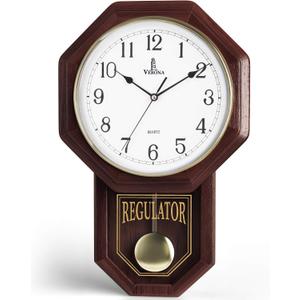 Pendulum Wall Clock - Real Wood Regulator Clock - Schoolhouse Design - Quiet, Non-Chiming, Wooden & Battery Operated - Decorative Wall Decor for Living Room, Home, Office 18x11
