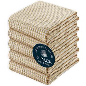 5 Pack 100% Cotton Dual Tone Waffle Weave Kitchen Towels, 16x26 Inch, Super Absorbent, Fast Dry Dishcloth Set, Soft and Durable, Beige