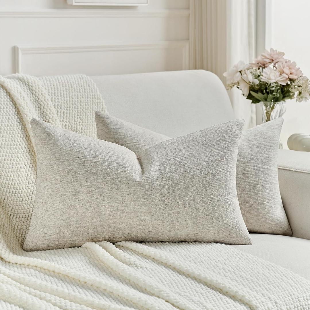 FUTEI Pack of 2 Chenille Decorative Throw Pillow Covers 12x20 Inch,Soft Cozy Faux Linen Textured Lumbar Pillow Cases,Farmhouse Home Decor for Couch Living Room,Natural Wood