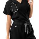 SUNME Scrubs Tops for Woman, Soft V-Neck Scrubs Top with 3 Pockets, Semi-Slim Fit Medical Scrub Top (Black, S)