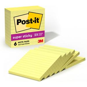 Post-it Super Sticky Lined Notes, 6 Sticky Note Pads, 4 x 4 in., Ideal for Organization in Your Dorm, Home or Office, Canary Yellow
