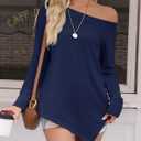 Tankaneo Womens Off The Shoulder Tops Casual Long Sleeve T Shirts Irregular Hem Split Tunics Loose Fall Blouse Shirt (Blue, M)