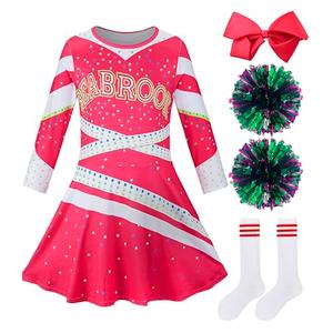 HANERREAL Girls Cheerleader Costume Outfit Halloween Cheer Uniform Dress Up with Accessories (Rose Red, Small(5-6 T))
