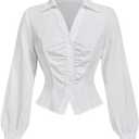 SweatyRocks Women's Ruched Button Down Shirts Lantern Long Sleeve Collered Dressy Blouses (White), S
