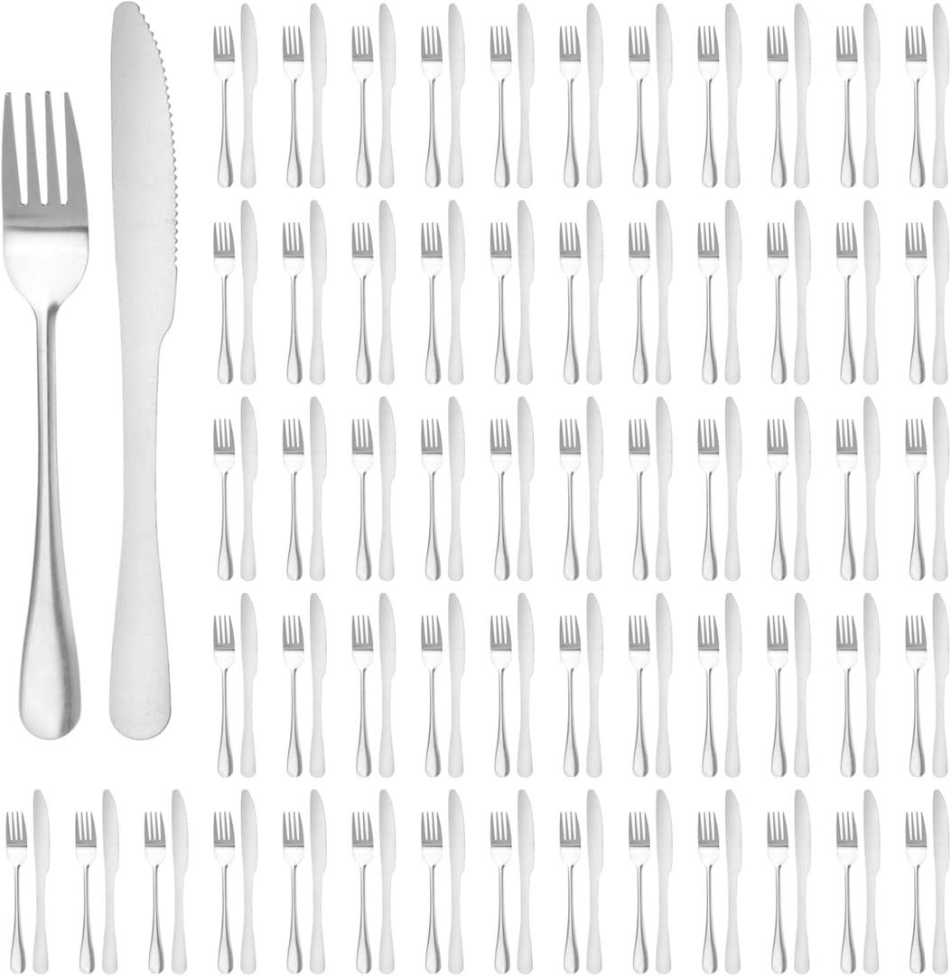 200 Pcs Silver Silverware Set, Includes 100 Forks and 100 Knives, Stainless Steel Flatware Set, Elegant and Sturdy Cutlery with Smooth Surface, Dinner Tableware for Home, Restaurant