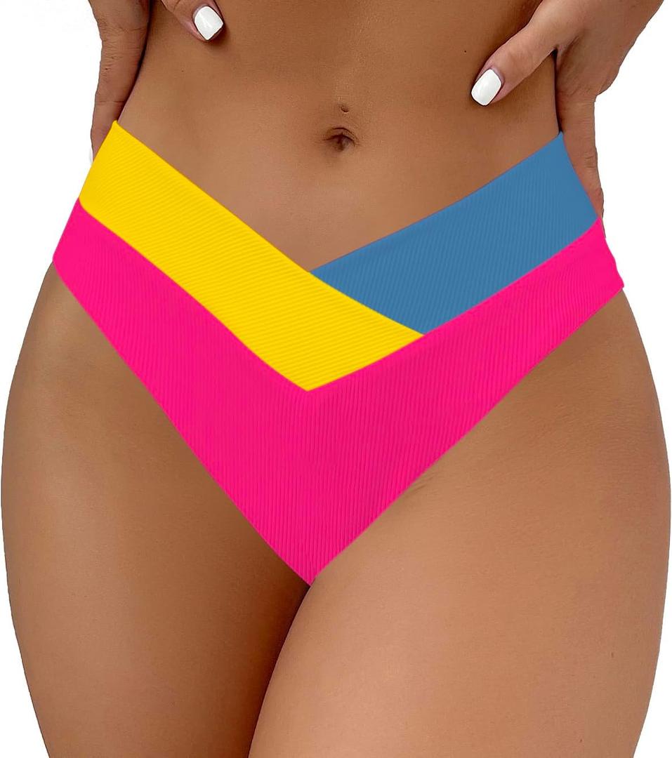 SherryDC Women's V Cut High Waisted Bikini Bottom High Leg Cut Swimsuit Bathing Suit Bottoms (Large, 824 Multi-Rose Red)