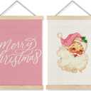 Supwhd Pink Santa Christmas Wall Decor, Retro Christmas Santa Wall Art With Wooden Poster Hanger 12x16 Inches Set of 2