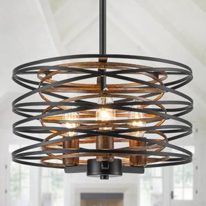 Bargeni Chandelier,13 Inch Dining Room Light Fixture,Matte Black Finish with Wood-Like Interior,Adjustable Height Farmhouse Chandelier for Kitchen Island,Bedroom,Living Room,Foyer