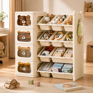 Toy Storage Organizer and Bookshelf, Large 4 Tier Book Shelf W/10 Toy Bins and 4 Drawers, Cute Bear Toy Organizers Box Bookcase for Nursery, Playroom, Bedroom, Kindergarten