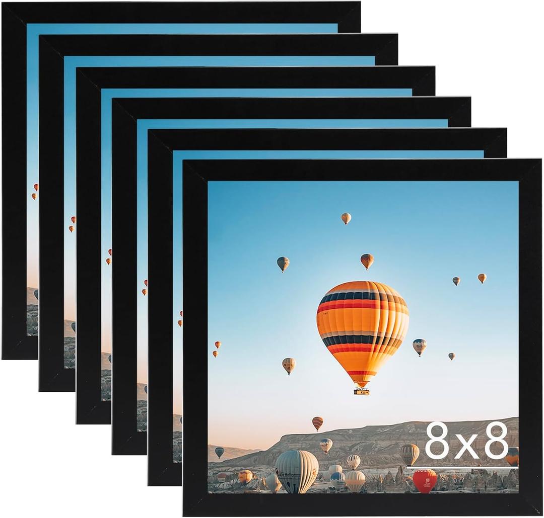 8x8 Picture Frame Set of 6 Black for Wall Hanging or Tabletop, Wall Mounting Horizontally or Vertically, 8 x 8 Square Wall Gallery Poster Photo Frame with Shatter Resistant Plexiglass, 6 Pack, Black