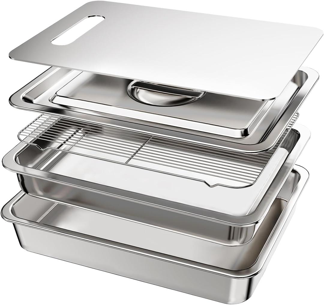 5-Piece Grill Carry System, Large Stainless Steel Grill Prep Trays with Oil Drain Rack, Marinade Container with Lid, Nested Storage, Grilling Prep and Serve Trays, Ideal for Outdoor Grilling