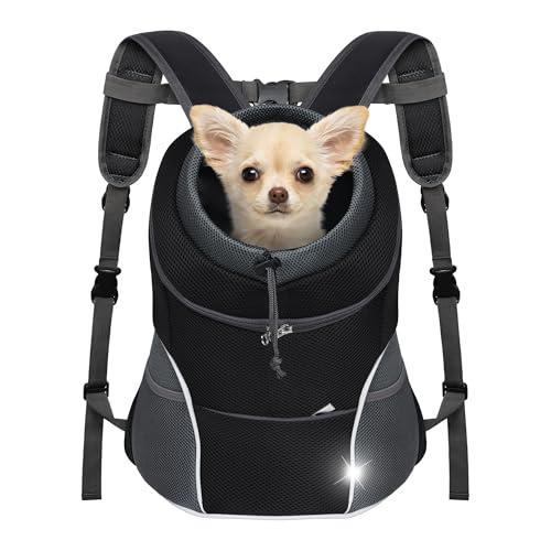 YUDODO Dog Front Carrier Backpack, Adjustable Breathable Pet Carrier for Small Dogs Cats, Ventilated Puppy Back Pack with Safety Belt, Lightweight Doggy Backpack for Hiking Outdoor (Black, M)