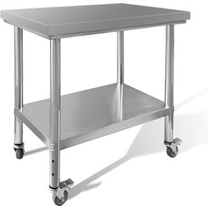 Stainless Steel Work Table 35"x24"x33" Metal Adjustable Under Shelf Prep Table 460 LBS Load Capacity with 4 Caster Wheels Heavy Duty Food Prep Worktable for Home Hotel Kitchen Restaurant, 35"Lx24"Wx33"H