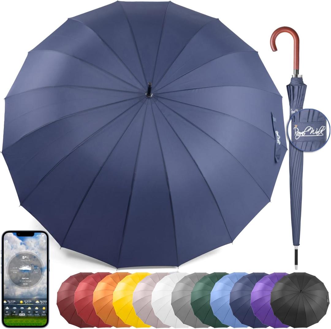 Royal Walk Windproof Large Umbrella for Rain 54 Inch Automatic Open for 2 Persons Wind Resistant Big Golf Umbrellas for Adult Men Women Classic Wooden Handle Fast Drying Strong 16 Ribs Travel 120cm (Navy Blue)
