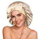 YFONG 100% 22 Momme Mulberry Silk Bonnet for Sleeping Women, Larger Double Layer Silk Hair Wrap for Curly Short Long Hair, Non-Slip Sleep Cap Turban with Elastic Tie Band for Hair Care, Champagne