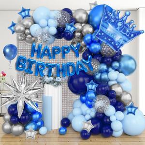 Ouddy Life 164Pcs Blue and Sliver Birthday Decorations for Men Boys, Navy Blue Balloons Kit with Happy Birthday Crown Star Foil Balloons Fringe Curtains for 21st, 25th 30th 50th Party