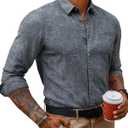 PJ PAUL JONES Mens Linen Shirts Long Sleeve Button Down Shirt Casual Fitted Shirt Fashion Men Clothing Navy Blue Shirt M