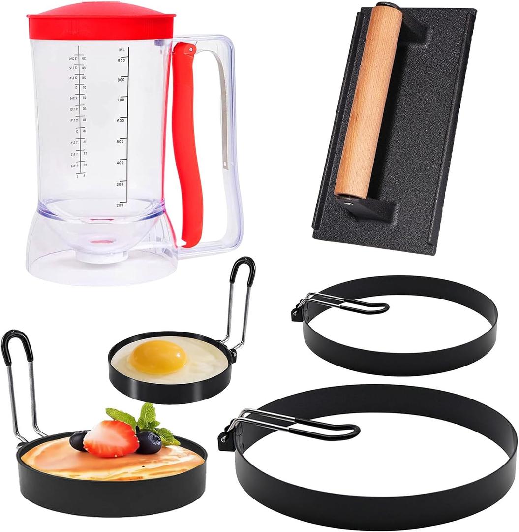 6 Piece Griddle Breakfast Kit for Blackstone, Griddle Accessories Set - Included Pancake Batter Dispenser, Heavy Duty Grill Press,8" Large Omelette Ring,6" Pancake Ring,4" Round Egg Ring,3"Egg Ring