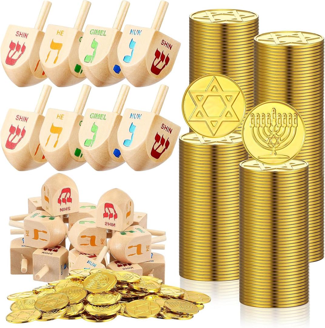 Realspring Hanukkah Gift Set of 200 pcs Hanukkah Coins and 10 pcs Wooden Hanukkah Dreidels Hanukkah Gelt Coins Treasure Hunt Coins Treasure Hunt Game Toy Hanukkah Party Supplies (Gold)