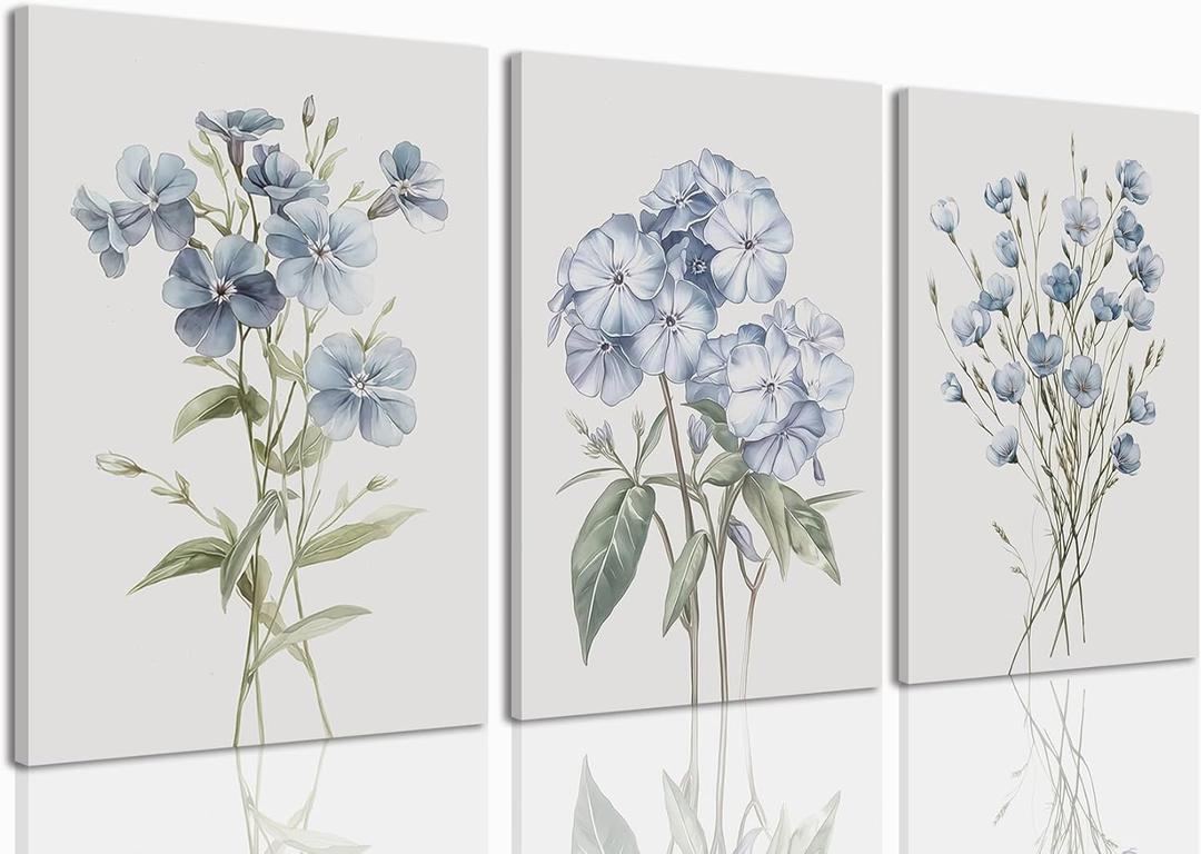 PhexlyArt 3 Piece Blue Floral Canvas Wall Art Colorful Wildflower Wall Art Watercolor Blue Flower Pictures Wall Decor Modern Minimalist Botanical Art Prints for Living Room Bedroom Bathroom 16"x24"