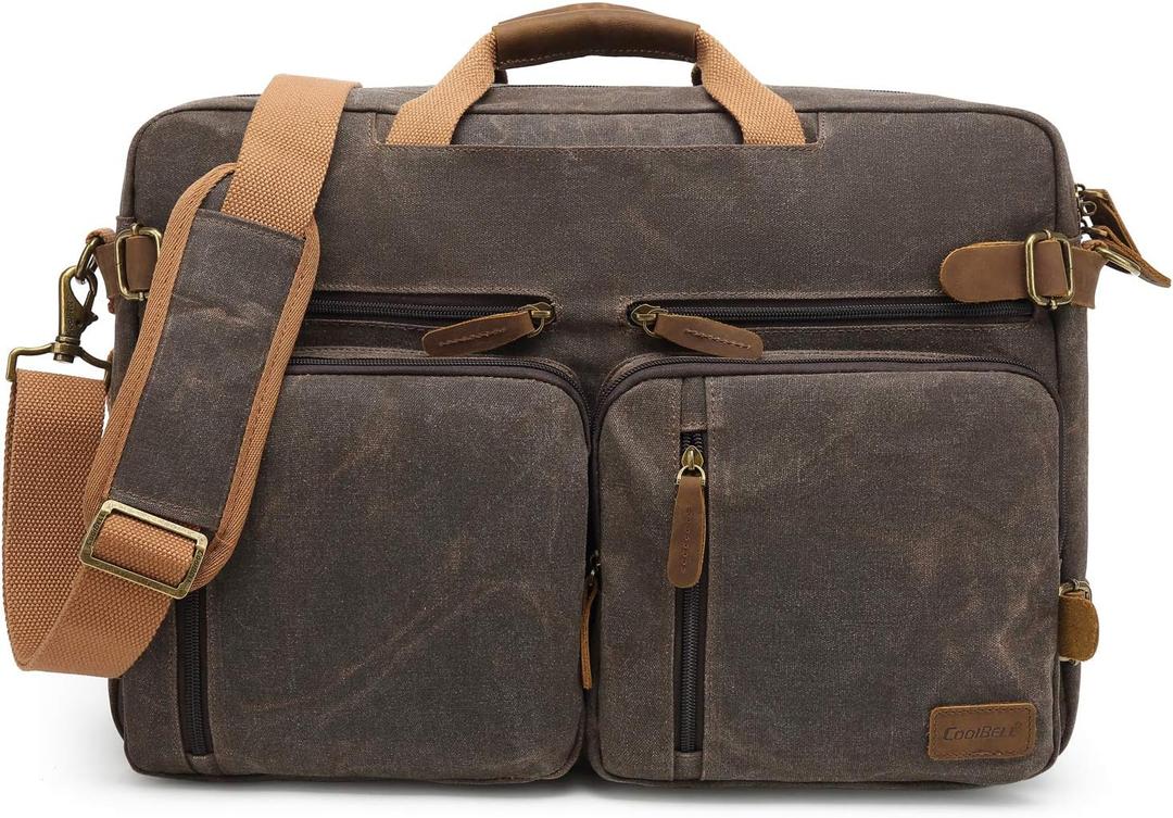CoolBELL Laptop Messenger Bag Vintage Shoulder Bag Convertible Backpack Retro Briefcase Versatile Travel Bag Fits 17.3 Inch Laptop For Men Business (Waxed Canvas Brown)