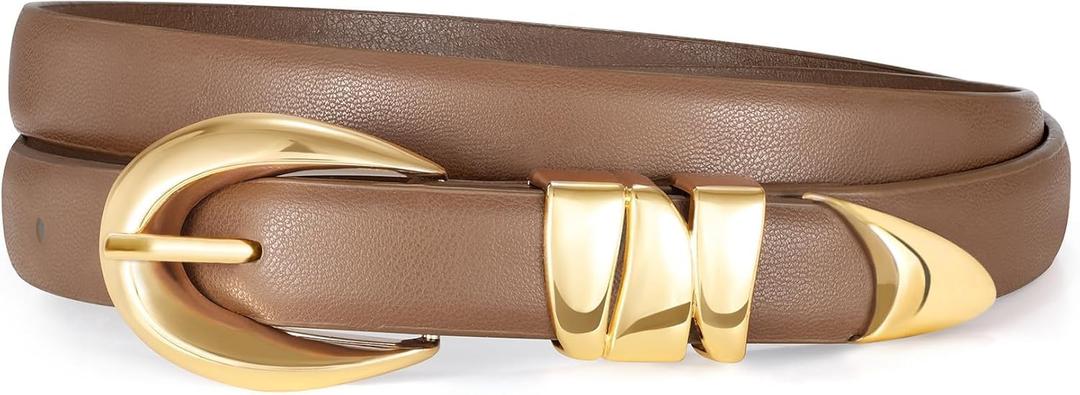 XZQTIVE Women's Skinny Leather Belts Ladies Thin Waist Belts for Jeans Dress Pants Trendy Black Belt with Gold Buckle