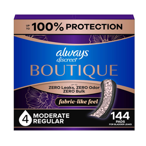 Always Discreet Boutique Incontinence Pads, for Bladder Leaks, Moderate Absorbency, Regular Length, 144 Count (3 Packs of 48)