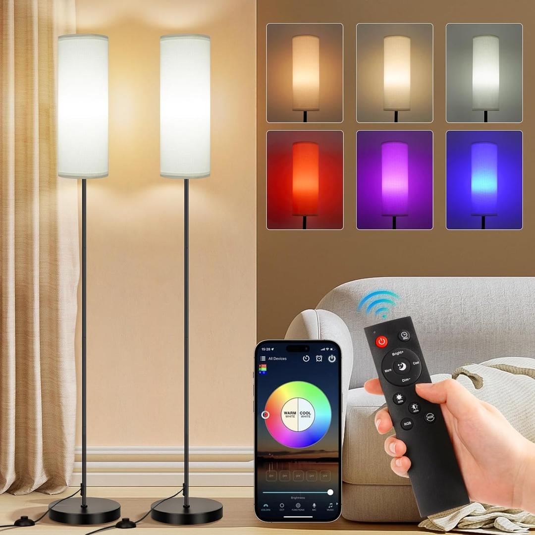 FRIDEKO HOME 2 Pack Floor Lamps for Living Room, Dimmable Colors Temperature & Brightness, Modern Floor Lamp with Remote, Tall Standing Lamps for Living Room Bedroom Office, Beige Shade 9W Smart Bulb