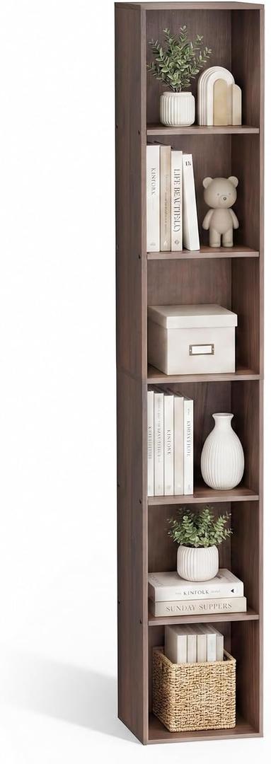 6 Cube Walnut Book Shelf, Tall Bookcase for Home Office Bedroom Living Room, 12.3(W) x 11.6(D) x 71.8(H) 