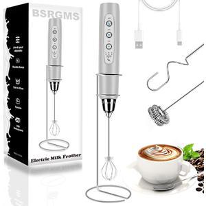 BSRGMS Milk Frother Handheld with Stand, Electric Whisk 3 Speed Adjustable, Drink Mixer with Stainless 3 Whisk, Rechargeable Hand Frother Wand, Foam Maker for Latte Cappuccino Hot Chocolate Egg Silver