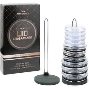 2-pk Tumbler Lid Organizer for Cabinet & Countertop - Slim Space-Saving Lid Holder with 9" Sturdy Bar & Weighted, Non-Slip Base - Vertical Storage Cup Lid Organizer - Collapsible Lid Rack for 10 Lids