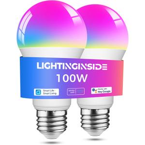 Lightinginside Smart Light Bulbs 100W Equivalent, Works with Alexa/Google Home/Smart Life, 1350LM 11W RGBCW Color Changing LED Light Bulbs, 2.4G WiFi Bluetooth Bulb, No Hub Required, ETL Listed, 2PCS