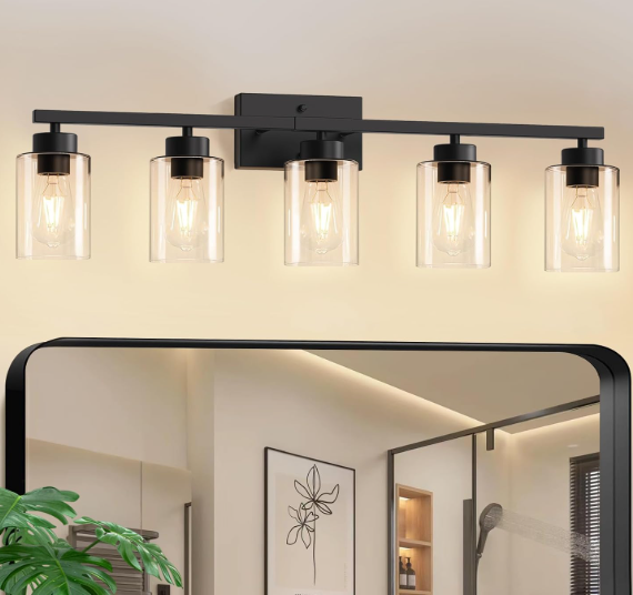 IZORRO Modern Bathroom Light Fixtures, 5 Light Black Vanity Lights, Bathroom Lighting Fixtures Over Mirror with Clear Glass for Living Room Cabinet Bedroom
