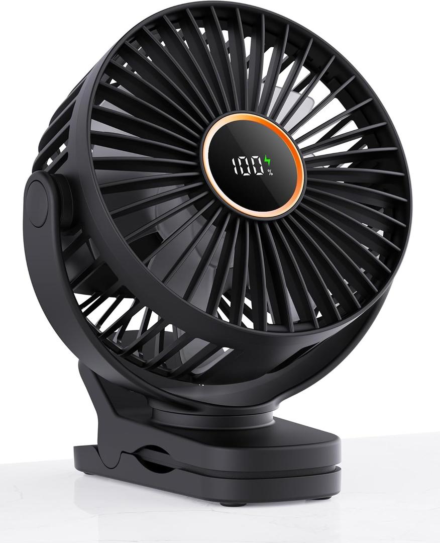 TUNISE Mini Clip on Fan, Battery Operated Desk Fan, Digital display3 Speeds Adjustable, Bidirectional 360 Adjustable, Super Strong Wind, Portable Fan for Home Office Stroller Camping Black