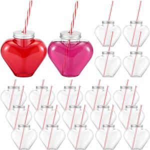 Sliner 20 Set 17 oz Mothers Day Heart Bottles with Straws Including Plastic Drink Empty Heart Bottle Straws Caps for Mother Day Mom Gifts Party Juice Milk Cup Drink Water Container