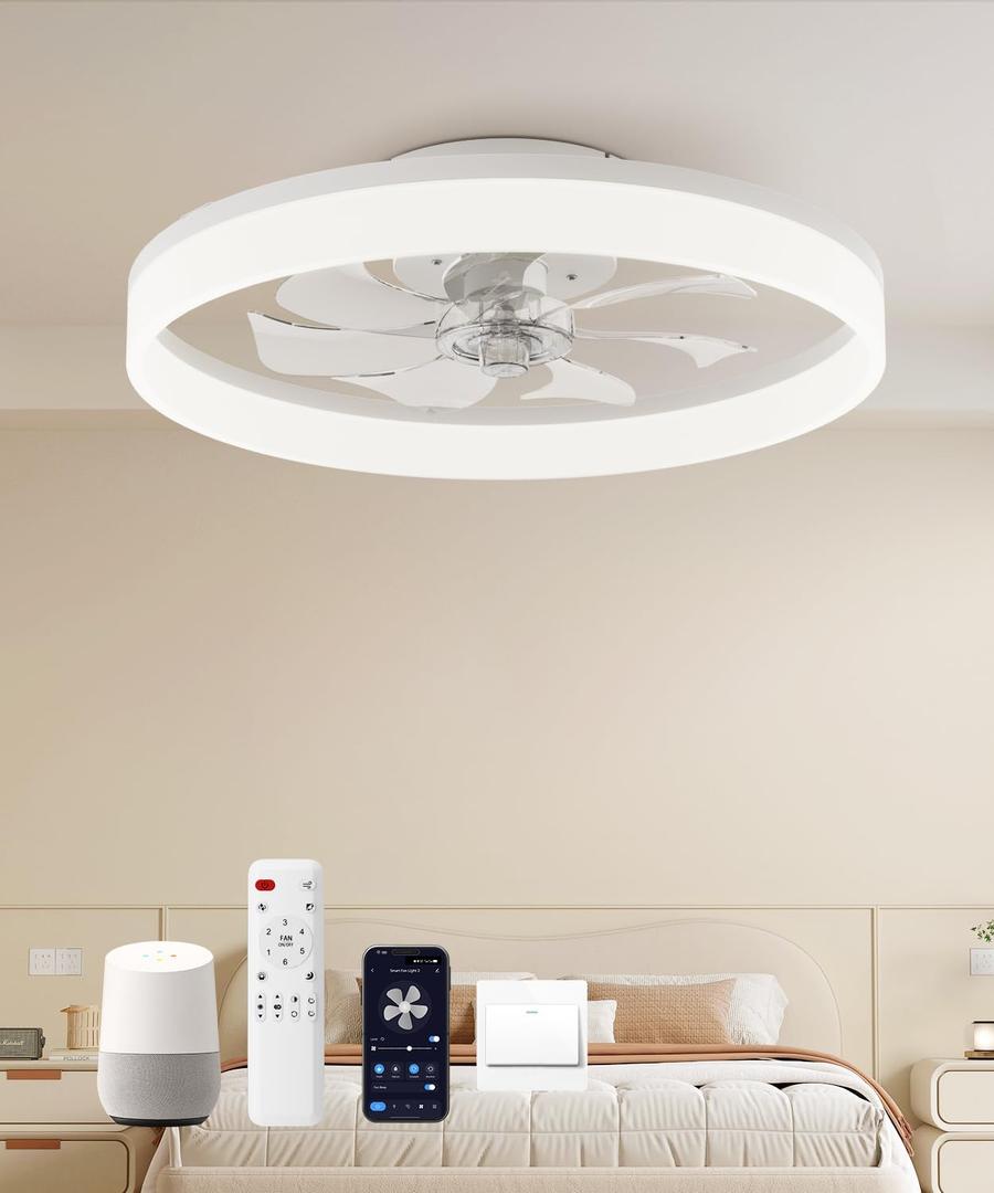 Smart Ceiling Fans with Light and Remote,20'' Low Profile Ceiling Fan with 6-Speed & Dimmable LED, Alexa/APP Home Voice Control, App, Reversible Airflow, App Timer, for BeedroomWhite
