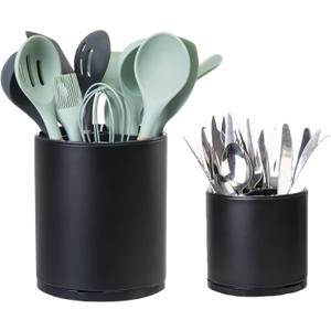 LIBODOUR Kitchen Utensil Holder Extra Large Rotating For Counter Organizer Stainless Steel Storage Cooking Silverware Caddy 3 Compartment Flatware Spoon Spatula Tool Cutlery Container2 Set Black