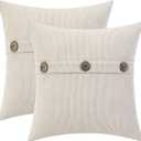 HWY 50 Beige Chenille Throw Pillow Covers 18x18 Inch with Triple Buttons, Soft Farmhouse Accent Decorative Cushion Cases for Couch Sofa Bed Living Room Bedroom Pack of 2