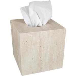 Natural Travertine Marble Tissue Box Cover, Stone Square Pumping Paper, Roll Toilet Paper Holder for Living Room, Bathroom, Kitchen and Home Decor