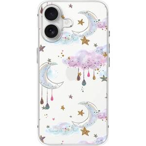 FancyCase Compatible with iPhone 16 Case (6.1inch)-Cute Dreamy Clouds Moon Stars Pattern Flexible TPU Protective Clear Case (Dreamy Style)