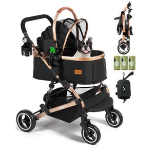 Dog Stroller for Medium Dogs Up to 52 Lbs, Cats Stroller for 2 Cats, 3 in 1 Pet Stroller with Bag Holder for Leashes, 3-Roll Poop Bags, 600D Waterproof Oxford Fiber, Adjustable Handle (Black)