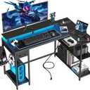 L Shaped Gaming Desk with Power Outlet & Led Light, 47 inch Reversible Computer Desk with Shelves, Hooks, and Drawer, Cornor Home Office Desk Table for Living Room, Bedroom, Black