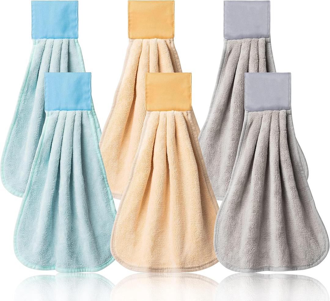 R HORSE 6Pcs Kitchen Hanging Towel with Hanging Loop Blue Beige Gray Hand Dishcloths Set Absorbent Coral Fleece Bathroom Dish Cloth Soft Thick Dry Towel Decorations for Kitchen Bathroom