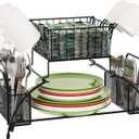 TQVAI 2 Tier Buffet Caddy Silverware Flatware Organizer with Mug Holder for Plates, Utensils, Napkins - Ideal for Kitchen, Dining, Entertaining, Parties, Picnics, Black