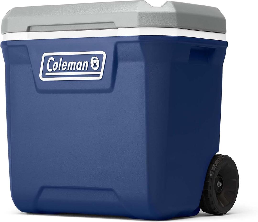 Coleman Classic Series Insulated Portable Rolling Cooler with Wheels, Leak-Resistant Outdoor Hard Cooler Keeps Ice up to 5 Days, 65-Quart. Blue