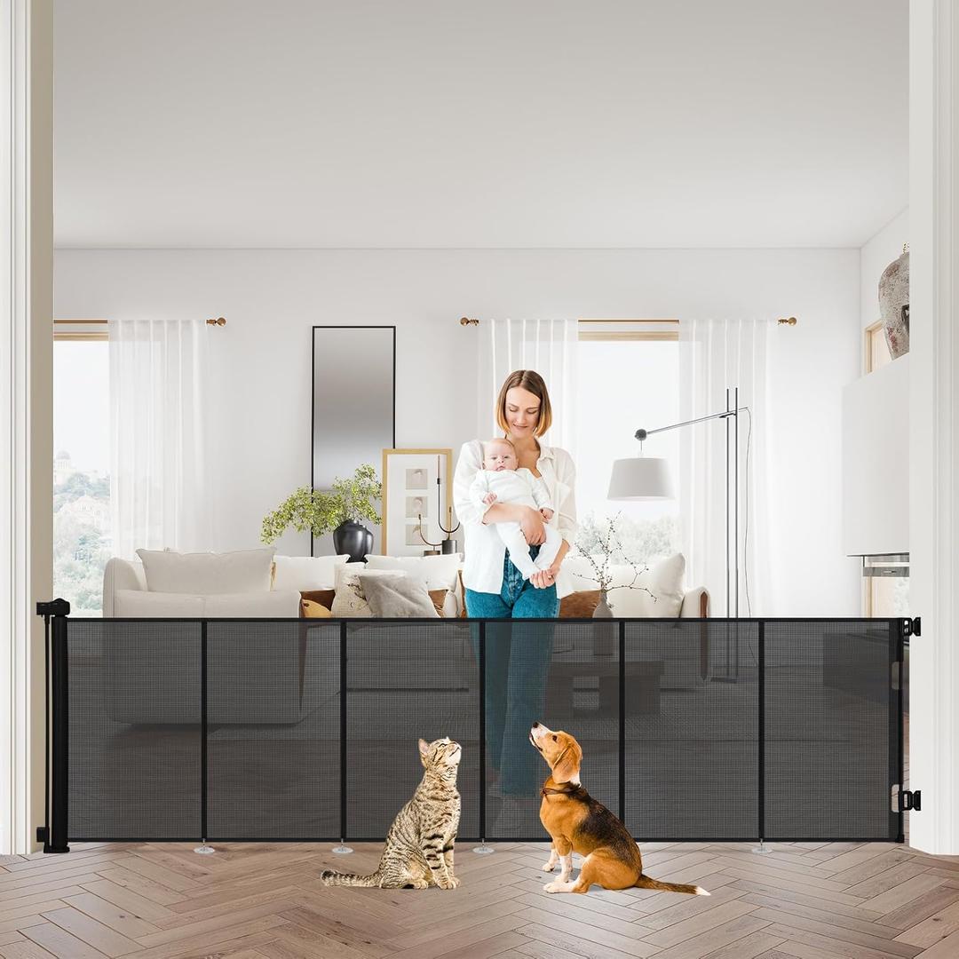 34" Tall Retractable Baby Gates, Extra Wide 118" Retractable Safety Gate with Reinforced Strips, Extra Long Dog Gate for Large Openings & Doorways Mesh Pet Baby Gates Indoor & Outdoor, Black