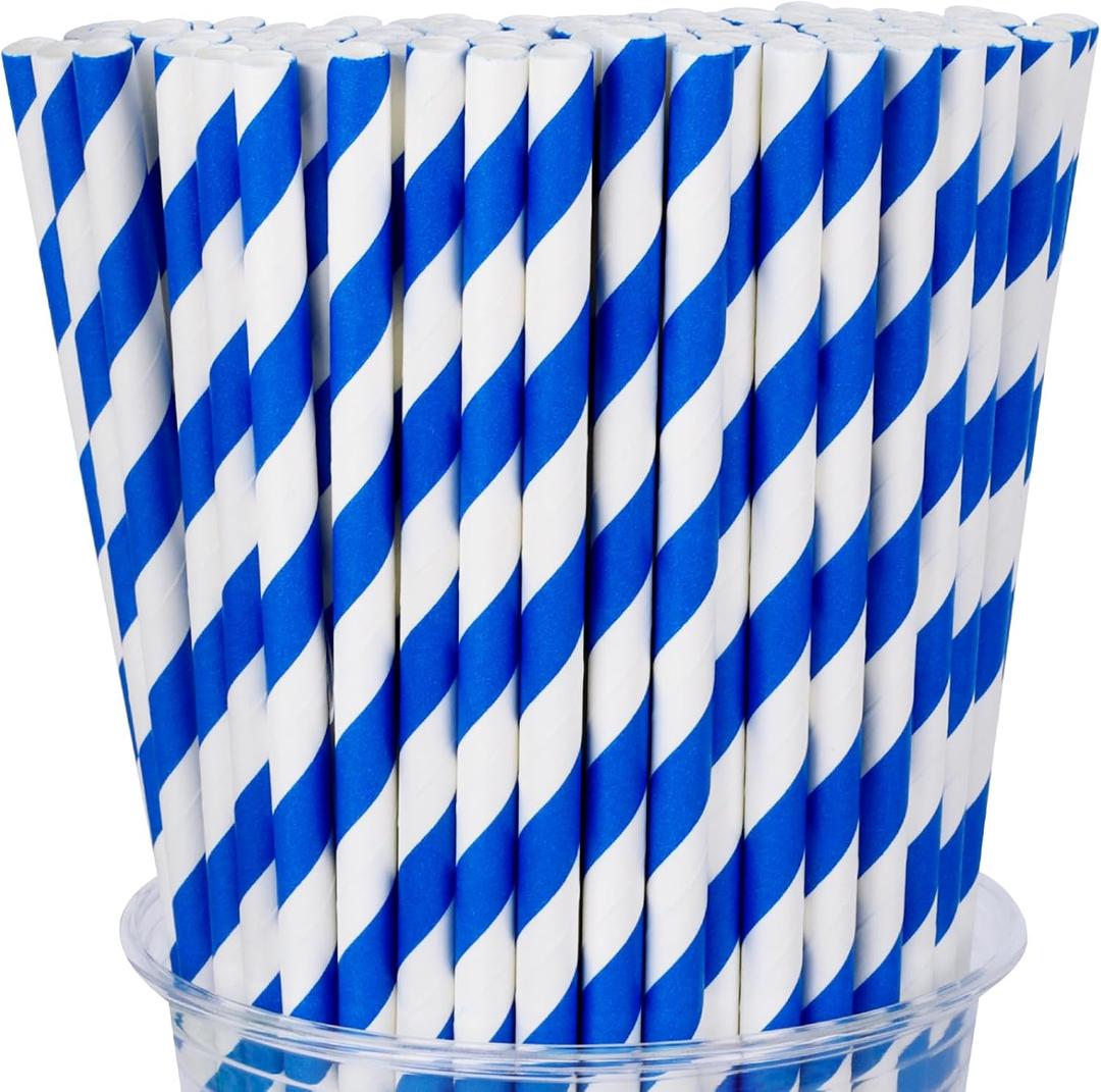 100 Packs Navy Blue Biodegradable Striped Paper Straws, Disposable Drinking Straws for Birthday Carnival Summer Pool Party Wedding Baby Shower Halloween Christmas Party Decoration Supplies
