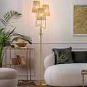 Boho Floor Lamp, 68in. Rattan floor lamp with Natural Woven Shade, Rustic Standing Lamp for Coastal, Beach or Bohemian Style Decor, E26 Socket, On/Off Footswitch Lamp for Living room, Bedroom (Gold)