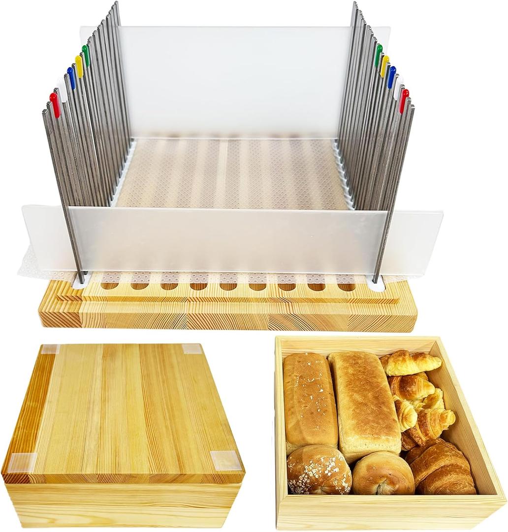 Wooden Bread Box with Stainless Steel Bread Slicer, 7Liters Bread Storage Container, Adjustable Bread Slicing Guide with Crumb Tray and 20pcs Liners, for Homemade, Loafs, Sandwiches, Bagels